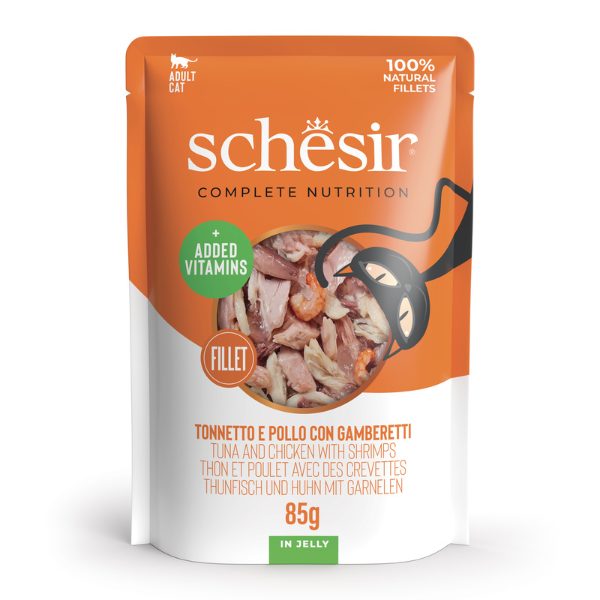 Schesir Tonnetto e Pollo con Gamberetti 85gr - Cibo Umido per Gatti Schesir Tonnetto e Pollo con Gamberetti 85gr - Cibo Umido per Gatti